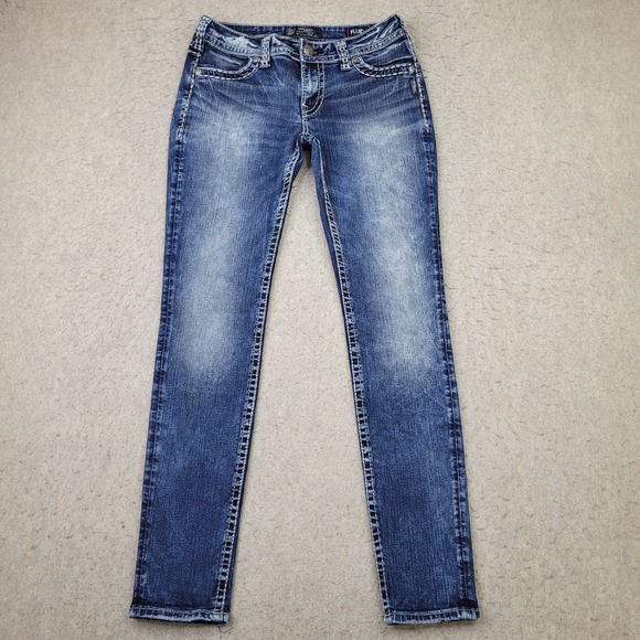 Silver Suki Mid Super Skinny Jeans Womens 29x31 Blue Fluid Denim Thick Stitch - Picture 1 of 12